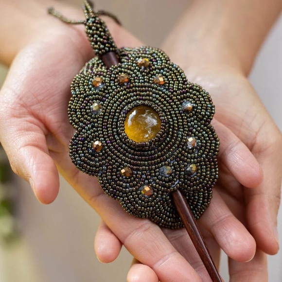 Mother Sierra Other - Espresso Beaded Hairpin Barrette with Gold Accents handmade by Indigenous Artist